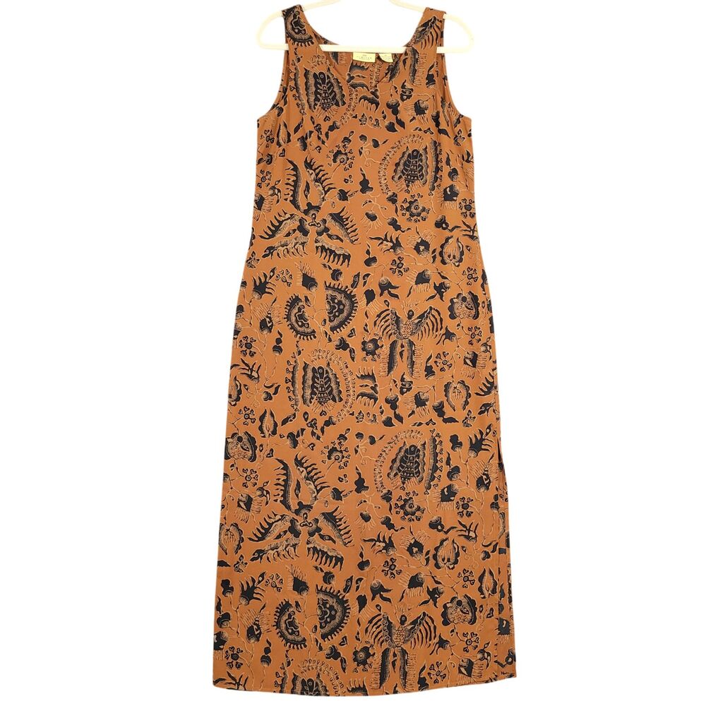 Vtg LIMITED AMERICA Brown Floral Tattoo Print Sleeveless Tank Maxi Dress SIZE 10